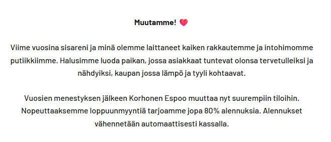 Korhonen Espoo valeverkkokaupan sivuilla oleva teksti